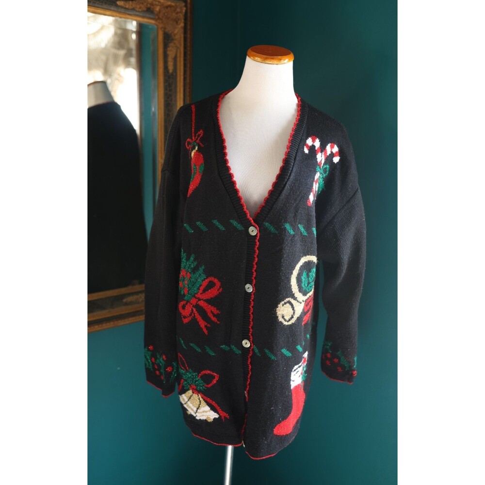 VTG Style Studio Christmas Knit Button Cardigan Holiday Shimmer Candy Canes 1X